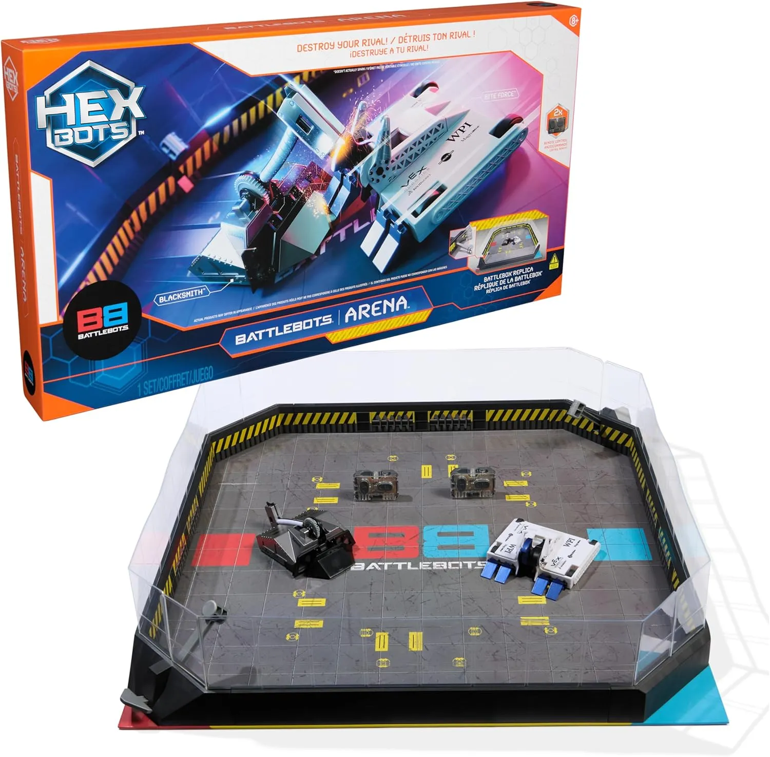 HEXBOTS BattleBots Arena MAX featuring motorized Blacksmith and Bite Force bots with detachable armor and batteries included.