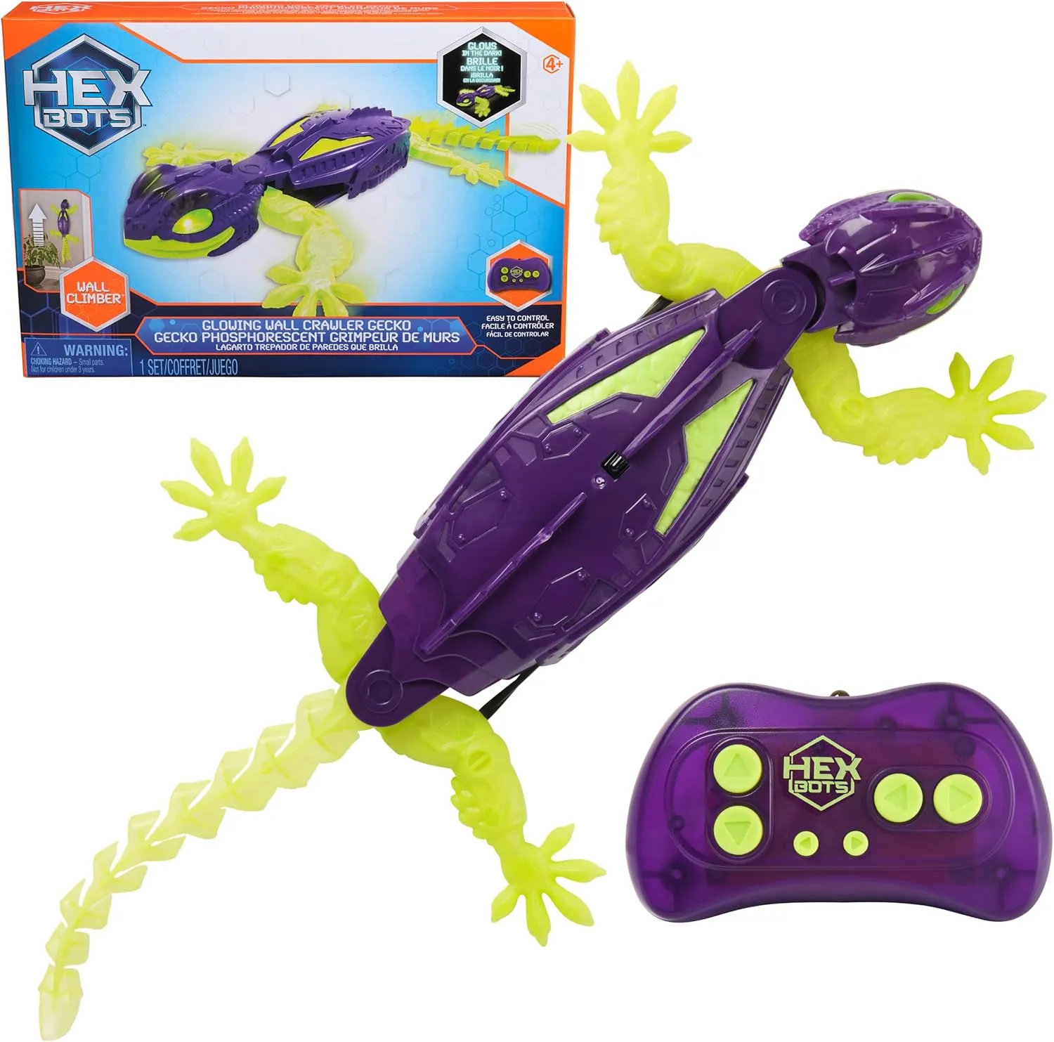 HEXBOTS rechargeable RC Gecko robot with wall climber technology, glow in the dark feature, electronic prank toy for kids ages 4 and up.